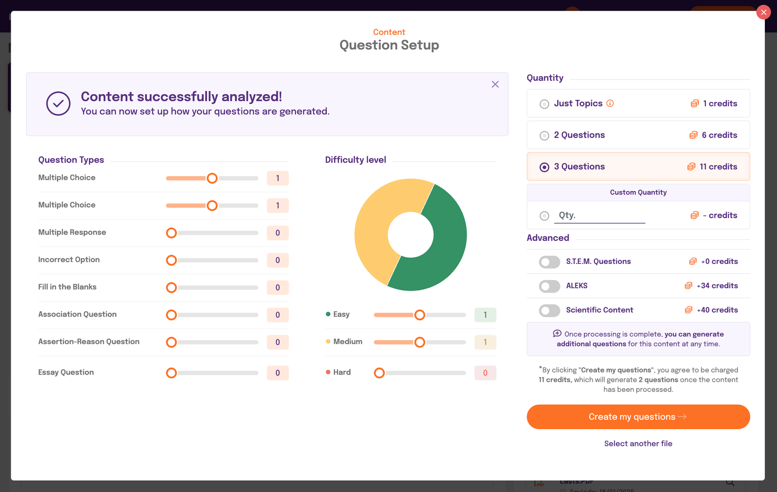 Question difficulty levels can be adjusted between easy, medium, and hard, allowing dynamic adaptation to the institution's needs.