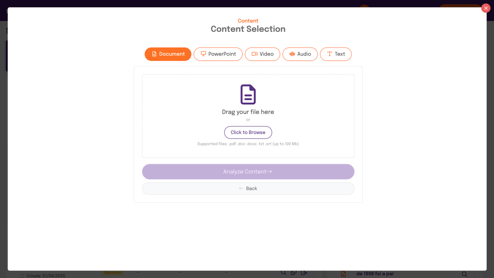 Our platform processes various learning object formats and offers flexibility in creating questions. Examples of supported formats include PPT, PDF, DOCX, MP3, and MP4.